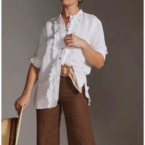 PILCRO Women's Linen Blend Blouse Size S Relaxed Fit Frayed Ruffle Button Down